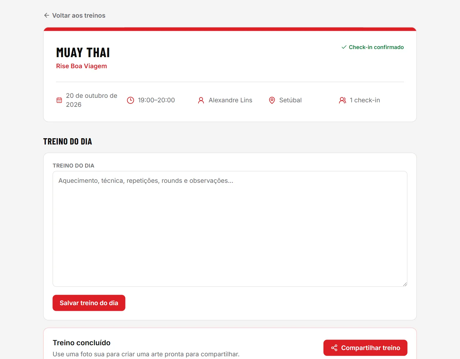 Página de uma aula com presença e treino do dia